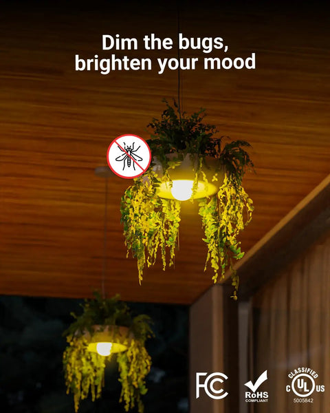 Yellow Outdoor A19 LED Bug Light Bulbs Dusk to Dawn Auto On Off Photocell Sensor 9W 480 Lumens 2000K Amber Glow E26 Base UL Listed