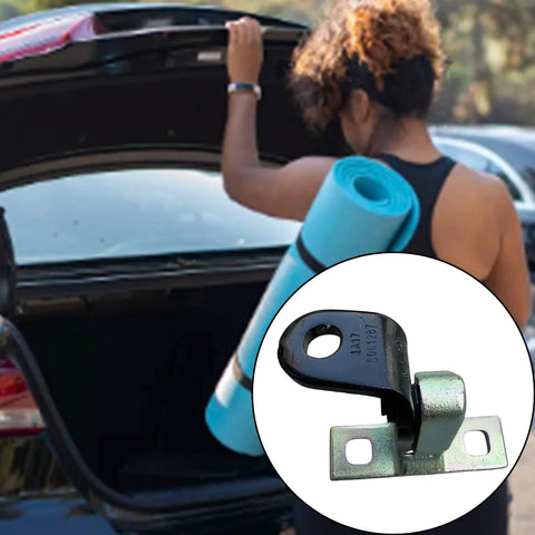 Automotive rear upper left door hinge; black metal with mounting tab, close-up view