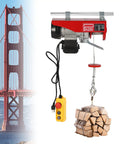Heavy Duty 440 Lbs Electric Hoist Winch with Remote Control And Emergency Stop, Dual Mode Auto Lift For Garage Shop Warehouse Factory Work With Single Double Slings, displayed lifting firewood.