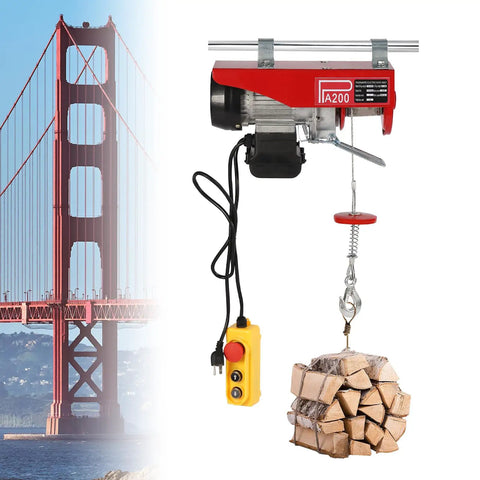 Heavy Duty 440 Lbs Electric Hoist Winch with Remote Control And Emergency Stop, Dual Mode Auto Lift For Garage Shop Warehouse Factory Work With Single Double Slings, displayed lifting firewood.