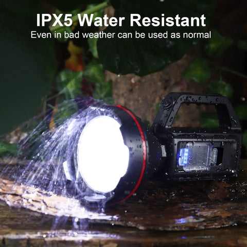 Rechargeable Spotlight Flashlight With Large Battery, High Lumen LED Searchlight IPX5 water-resistant feature shown under spray