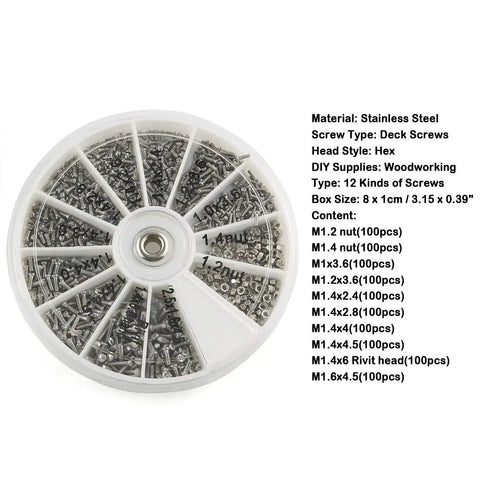 600 Piece Mini Electronics Screws And Nuts Kit With 12 Kinds Repair Tools Box And Tiny Three Way Screwdriver visible in round box