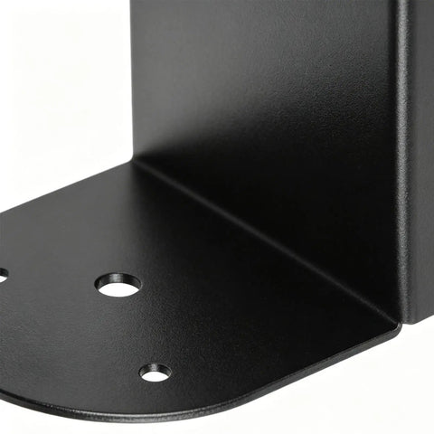 Close-up view of black Heavy Duty Pergola Bracket Kit 4x4 Inch Metal Waterproof Connectors for Wood Posts, showing bolt holes.