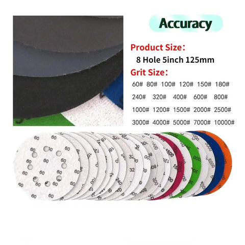 Super Cool 40 Pc Sandpaper Discs With Hook Loop Design And Eight Holes For Sanders ranging from Rough 60 to Super Fine 10000 Grit