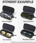 Large EVA Safety Glasses Case With Reinforced Belt Clip Pack Of 2 Semi Hard Shell Eyewear Protection Storage Fits Glasses Sun Glasses Goggles With Microfiber Cleaning Cloths Included, showing various eyewear types inside cases.