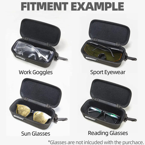 Large EVA Safety Glasses Case With Reinforced Belt Clip Pack Of 2 Semi Hard Shell Eyewear Protection Storage Fits Glasses Sun Glasses Goggles With Microfiber Cleaning Cloths Included, showing various eyewear types inside cases.
