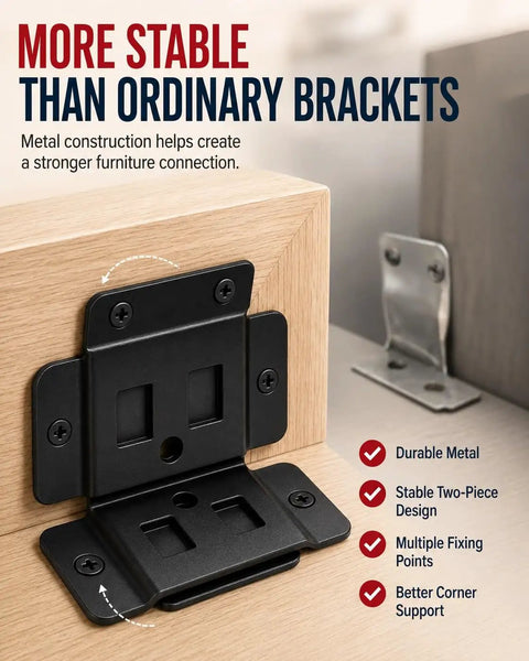 Beefy Stainless Steel Corner Brackets For Furniture L Shape Joint Braces With Screws on wooden corner, two-piece design
