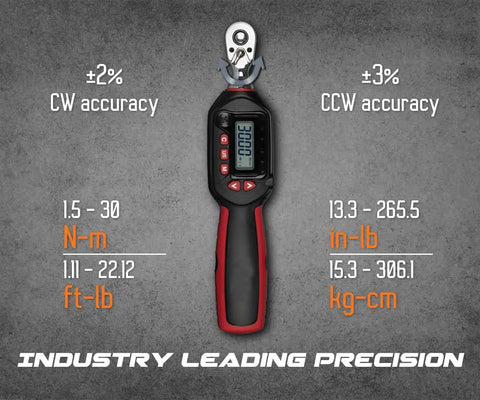 3/8 Inch Digital Torque Wrench With Dual Direction, 1.11-22.12 Ft-Lbs Range, featuring LCD screen and accuracy details.