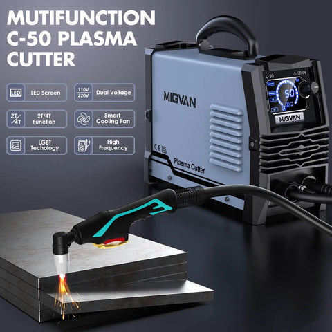 Beefy 50 Amp Plasma Cutter With Dual Voltage 110V To 220V, Large LED Screen Display, 0.5 Inch Cut Capacity, DC IGBT Inverter in use