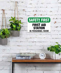 Durable Aluminum First Aid Station Sign 8 By 12 Inches For Office, Shop, Factory, Warehouse And Public Areas on brick wall