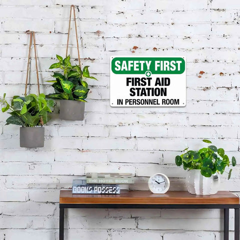 Durable Aluminum First Aid Station Sign 8 By 12 Inches For Office, Shop, Factory, Warehouse And Public Areas on brick wall