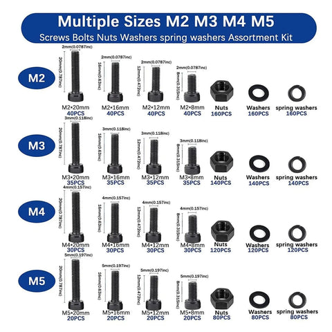 Heavy Duty 12.9 Grade Alloy Steel Hex Socket Screws Set, 2000 Piece Kit With Nuts And Washers, Metric M2 M3 M4 M5 Sizes, Rust Resistant Zinc Plated Fasteners In A Handy Classified Storage Case, assorted screws and washers