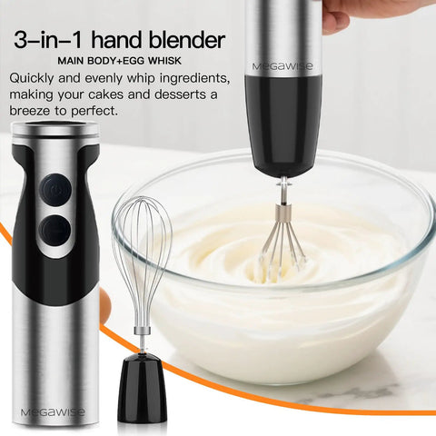Powerhouse Immersion Hand Blender 12 Speed With 1000W Motor Titanium Reinforced Stainless Steel Blades 3 In 1 System Including Whisk And Milk Frother Black For Smoothies Soups And Sauces in use whisking cream in a bowl