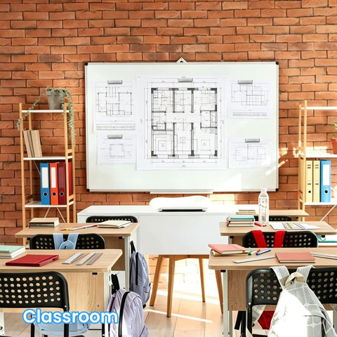 Classroom with desks and chairs in front of a whiteboard with plans, using four pack neodymium bar magnets with double sided adhesive.