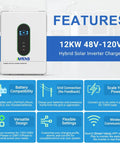 Front view of 12000W Solar Hybrid Inverter 48V DC To 120V And 240V AC Single Phase Split Phase Pure Sine Wave with features displayed.