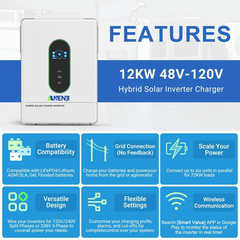 Front view of 12000W Solar Hybrid Inverter 48V DC To 120V And 240V AC Single Phase Split Phase Pure Sine Wave with features displayed.