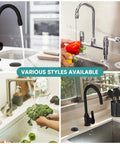 Collage of four kitchen sinks with Sink Top Air Push Button Switch Kit For Garbage Disposals Up To 2HP and various faucets.