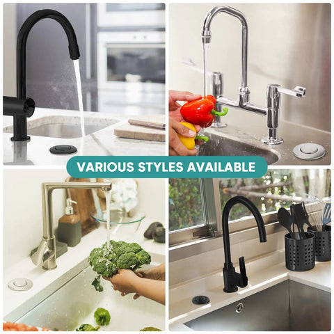 Collage of four kitchen sinks with Sink Top Air Push Button Switch Kit For Garbage Disposals Up To 2HP and various faucets.