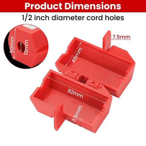 Industrial Grade Electric Plug Lockout Device for 110V to 125V Cords, red ABS body with dimensions and cord holes.