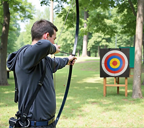 Archer aiming at a 20 Inch Square Archery Target With Rope Handle Lightweight High Density EVA Foam Practice Target in a backyard