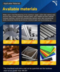 Image showing available materials for Workhorse High Speed Electric Arc Chamfering Machine: Stainless Steel, Aluminum Alloy, Steel, Copper, Acrylic, Organic Board.