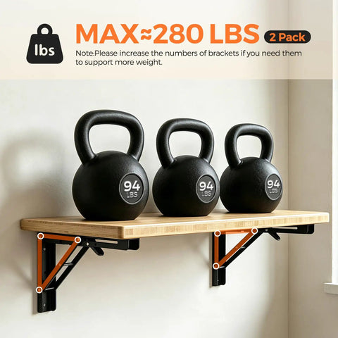 Rock Solid Folding Shelf Brackets 16 Inch Set Of 4 Black Stainless Steel Wall Mount Collapsible Triangle L Brackets supporting kettlebells on shelf.