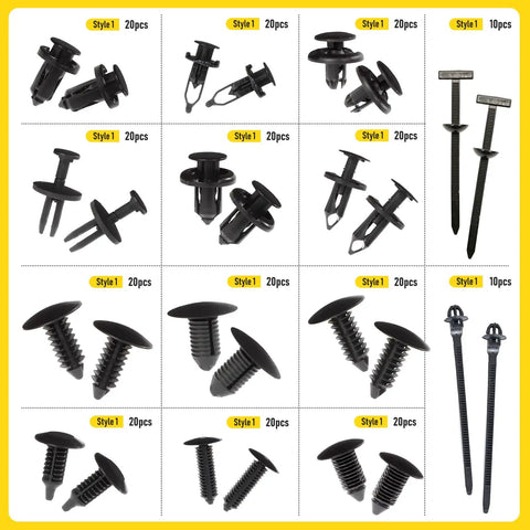 260 Piece Car Bumper Retainer Clips Kit with Plastic Rivets and Push Fasteners, 12 Popular Sizes Layout