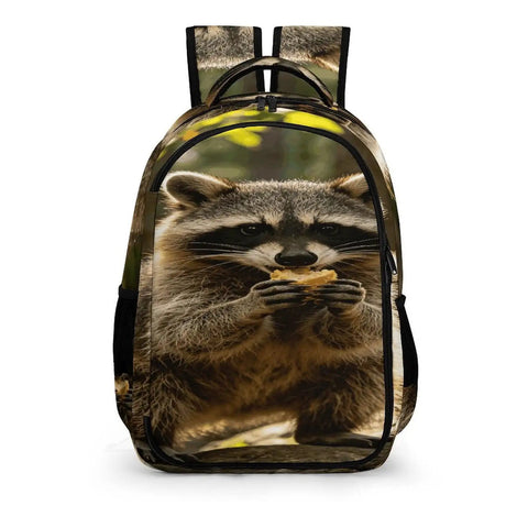 Rock Snack Raccoon Print Backpack Unisex Large Capacity Daypack made of durable polyester with smooth zipper for school travel use