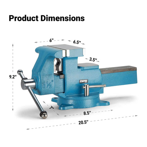 Heavy Duty Reversible Bench Vise With Dual Jaw Configurations 6.5 Inch Jaw Width And 6.7 To 10.8 Inch Jaw Opening Perfect For Handling Big And Small Workpieces In The Shop Durable Pro Grade Build For Pros And DIY Enthusiasts. product dimensions shown