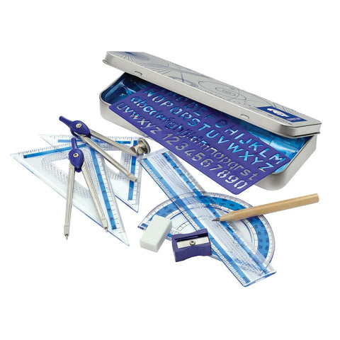 Complete Geometry Drawing Set With Metal Compass, 6 Inch Ruler, Alphabet Stencil, And Two Set Squares For 30 And 60 Degree Angles And 45 Degree Precision Drafting Tools For Students And Pros, open case