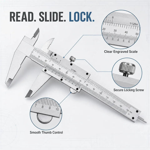 6 Inch Vernier Caliper Measuring Tool, Non-Digital Dual Scale, 0-150mm with smooth thumb control and clear engraved scale.