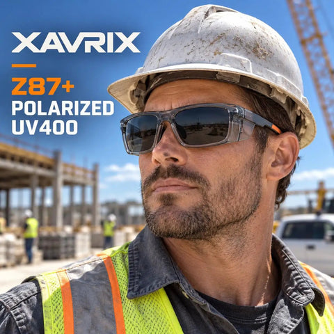Top Shelf Polarized Safety Sunglasses With Category 4 Extra Dark Smoke Lenses worn by a man on a construction site.