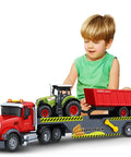 Boy playing with 3 In 1 21 Inch Semi Flatbed Truck Toy With Farm Truck For Toddlers And Kids Ages 3 4 5 6 7 Friction Powered Vehicles