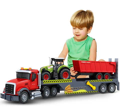 Boy playing with 3 In 1 21 Inch Semi Flatbed Truck Toy With Farm Truck For Toddlers And Kids Ages 3 4 5 6 7 Friction Powered Vehicles