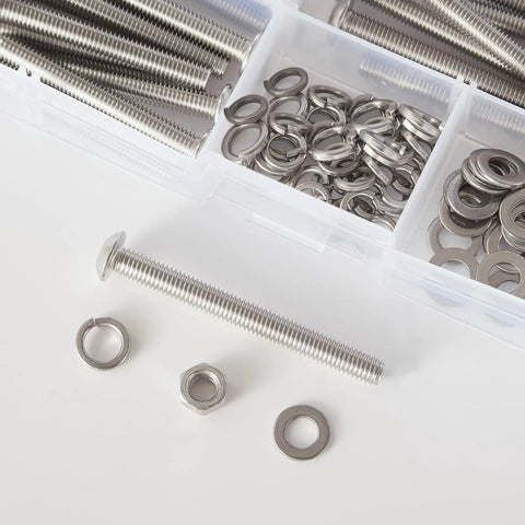 M3 Button Head Socket Cap Screws And Hex Nuts Assortment Kit With Flat And Lock Washers Crafted From Slick 304 Stainless Steel For Heavy Duty Fixes And Nitty Gritty Auto Work Projects display with screw, nut, and washers.