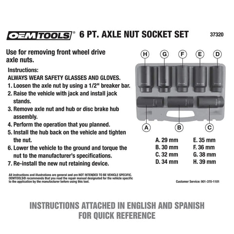 Image of an OEM Tools 6 pt. axle nut socket set with visible sockets labeled 29mm to 39mm and instructions for use.