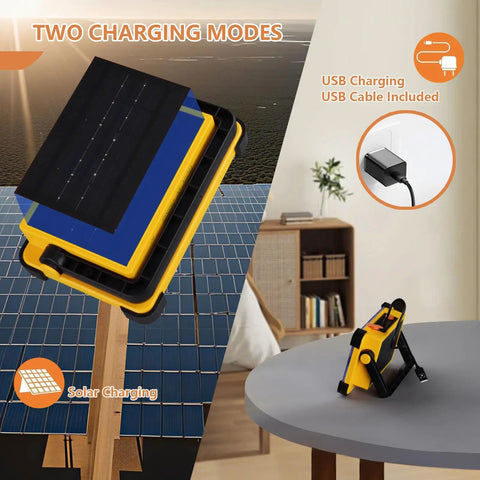 Rock Solid 120W Led Solar Work Light With Stand Blasts A Badass Ten Thousand Lumens Via Four Simple Switches Fully Rechargeable And IP65 Rated For Camping Fishing Car Detailing And Outdoor Chores Yellow