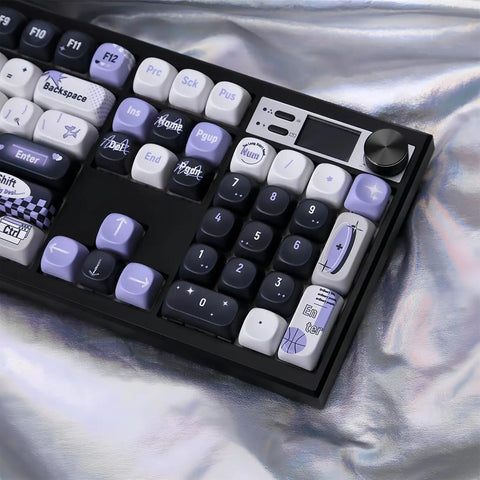 Next Level Full Size Mechanical Keyboard Barebones Kit Decked Out With Smart Screen And Volume Knob Hot Swappable Gasket Mount Tri Mode Wireless Qmk Via Programmable Legit Smooth Rgb Backlit Board Black close-up view of keys and rotary knob.