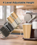 Clear Acrylic Cup And Lid Holder With Straw Organizer Adjustable Five Compartment Cup Dispenser on kitchen counter next to coffee maker