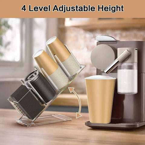 Clear Acrylic Cup And Lid Holder With Straw Organizer Adjustable Five Compartment Cup Dispenser on kitchen counter next to coffee maker