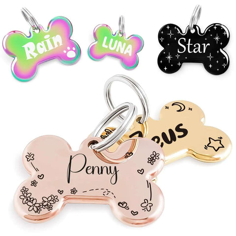 Colorful Custom Name Pattern Pet Tags For Pups And Kitties, Personalized ID Tag in stainless steel, bone shaped, with deep engraving