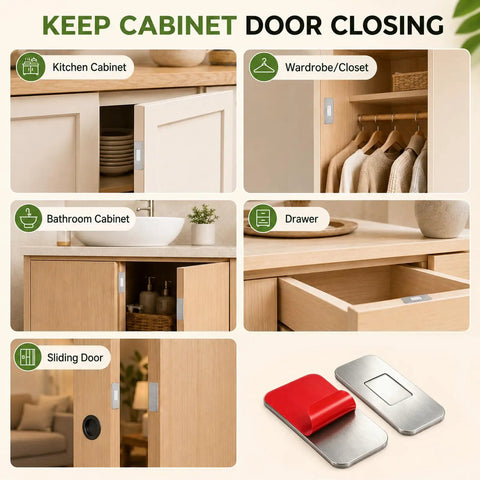 Ultra Thin Magnetic Cabinet Catch 4 Pack Silver installed on cabinet and closet doors, showing adhesive application and silver finish.