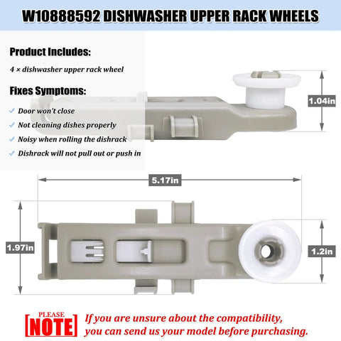 Dishwasher Rack Wheels Upper Dishrack Roller Replacement Parts PS11769236 WP8575281 4 Pack dimensions chart