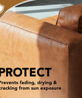 Brown leather sofa showing protection benefits of Leather Cleaner And Conditioner That Deep Cleans, Brings Back Soft Supple Leather And Guards Against Cracking And Fading With UV Protection For Cars, Sofas, Shoes, Bags, And All Finished Leather Surfaces.