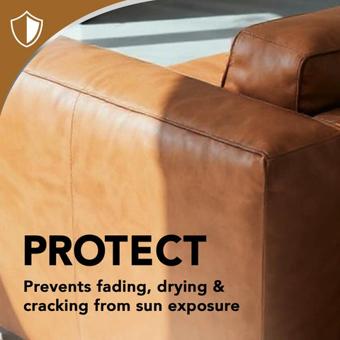 Brown leather sofa showing protection benefits of Leather Cleaner And Conditioner That Deep Cleans, Brings Back Soft Supple Leather And Guards Against Cracking And Fading With UV Protection For Cars, Sofas, Shoes, Bags, And All Finished Leather Surfaces.