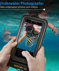 Two Pack Marine Waterproof Phone Pouches with IP68 Floating Design in use underwater, capturing a clear photo of snorkeling.
