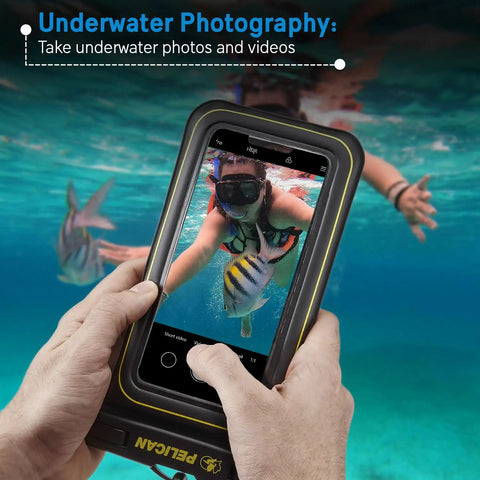 Two Pack Marine Waterproof Phone Pouches with IP68 Floating Design in use underwater, capturing a clear photo of snorkeling.
