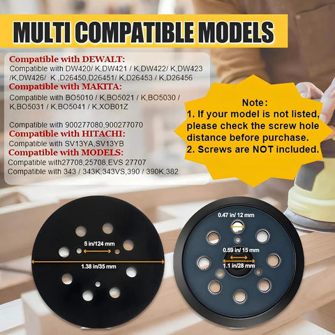 5 Inch 8 Hole Orbital Sander Pad Replacement Kit compatibility guide for DeWalt DW420 DW421 DW422 DW423 DW426 and Makita BO5010