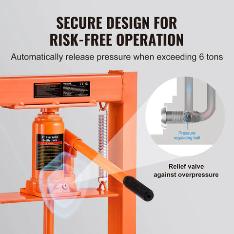 Close-up of the Heavy Duty 6 Ton H-Frame Hydraulic Shop Press showing pressure relief valve and secure design for auto repair.