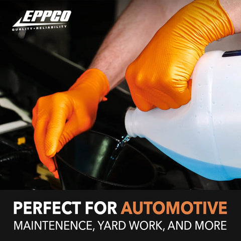 Worker wearing 8 Mil Nitrile Disposable Gloves With Textured Grip, Powder Free And Latex Free, Orange, XL, pouring liquid for automotive work.